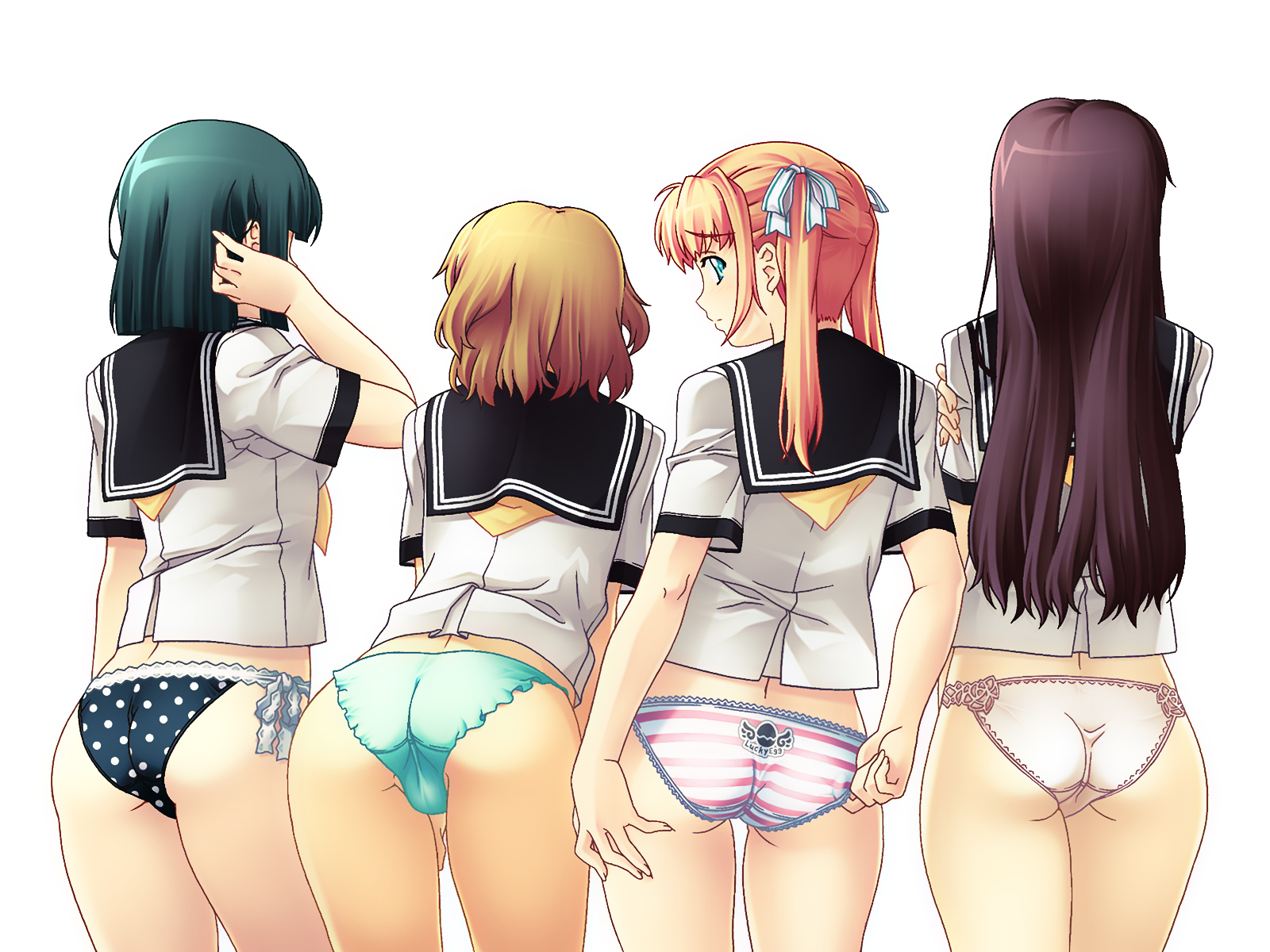 nagayori, original, highres, md5 mismatch, resolution mismatch, source smaller, 4girls, adjusting clothes, adjusting panties, ass, back, black panties, blouse, clothes writing, cowboy shot, from behind, green panties, hand in own hair, lace, lace-trimmed panties, lace trim, leaning forward, lineup, looking back, multiple girls, neckerchief, no pants, panties, pink panties, polka dot, polka dot panties, print panties, school uniform, serafuku, shirt, simple background, standing, striped clothes, striped panties, take your pick, twintails, underwear, white background, white shirt, yellow neckerchief