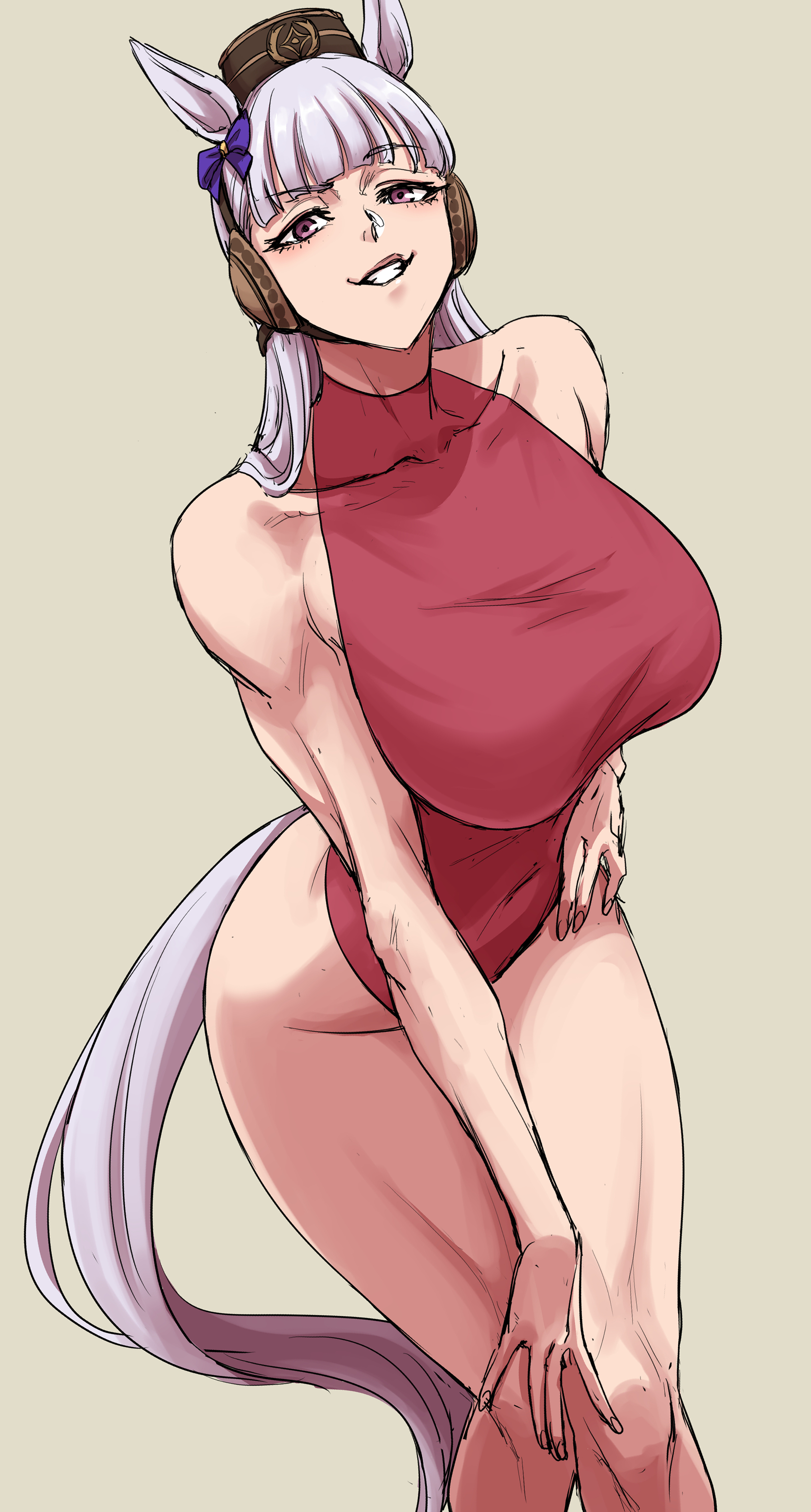 kimleon, gold ship (umamusume), umamusume, absurdres, highres, 1girl, animal ears, bent over, bottomless, breasts, covered collarbone, grey hair, grin, horse ears, horse girl, horse tail, large breasts, long hair, looking at viewer, muscular, muscular female, pillbox hat, purple eyes, red shirt, shirt, simple background, sleeveless, sleeveless shirt, smile, solo, tail, thighs, turtleneck, turtleneck shirt