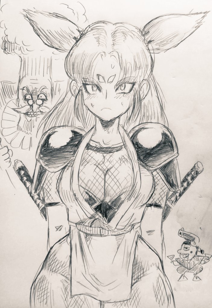 blqueen, waya-hime, bravoman (series), 1girl, blush, breasts, cleavage, closed mouth, fishnet pantyhose, fishnets, greyscale, japanese clothes, large breasts, long hair, looking at viewer, monochrome, pantyhose, simple background, sweat, two side up, weapon, white background