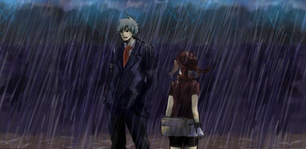 taoru (t kiji), may (pokemon), steven stone, nintendo, pokemon, pokemon adventures, pokemon rse, silver hair, 00s, 1boy, 1girl, bandana, brown hair, electricity, hands in pockets, lightning, ocean, rain, standing, wet, wet clothes