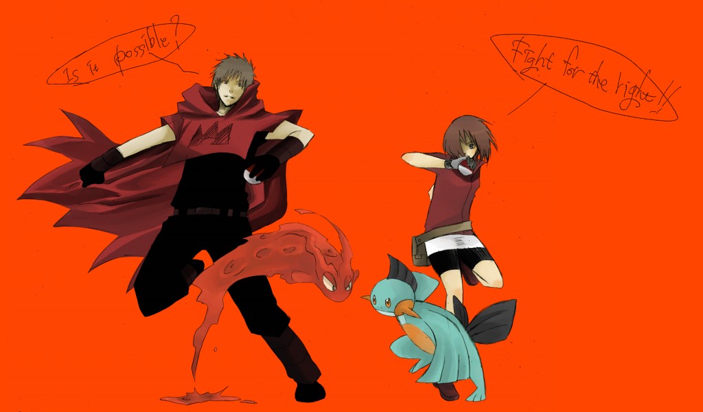 taoru (t kiji), wp3, marshtomp, may (pokemon), slugma, tabitha (pokemon), nintendo, pokemon, pokemon rse, source request, 00s, 1boy, 1girl, brown hair, english text, gen 2 pokemon, gen 3 pokemon, holding, holding poke ball, numacraw, orange background, poke ball, pokemon (creature), simple background, speech bubble, team magma