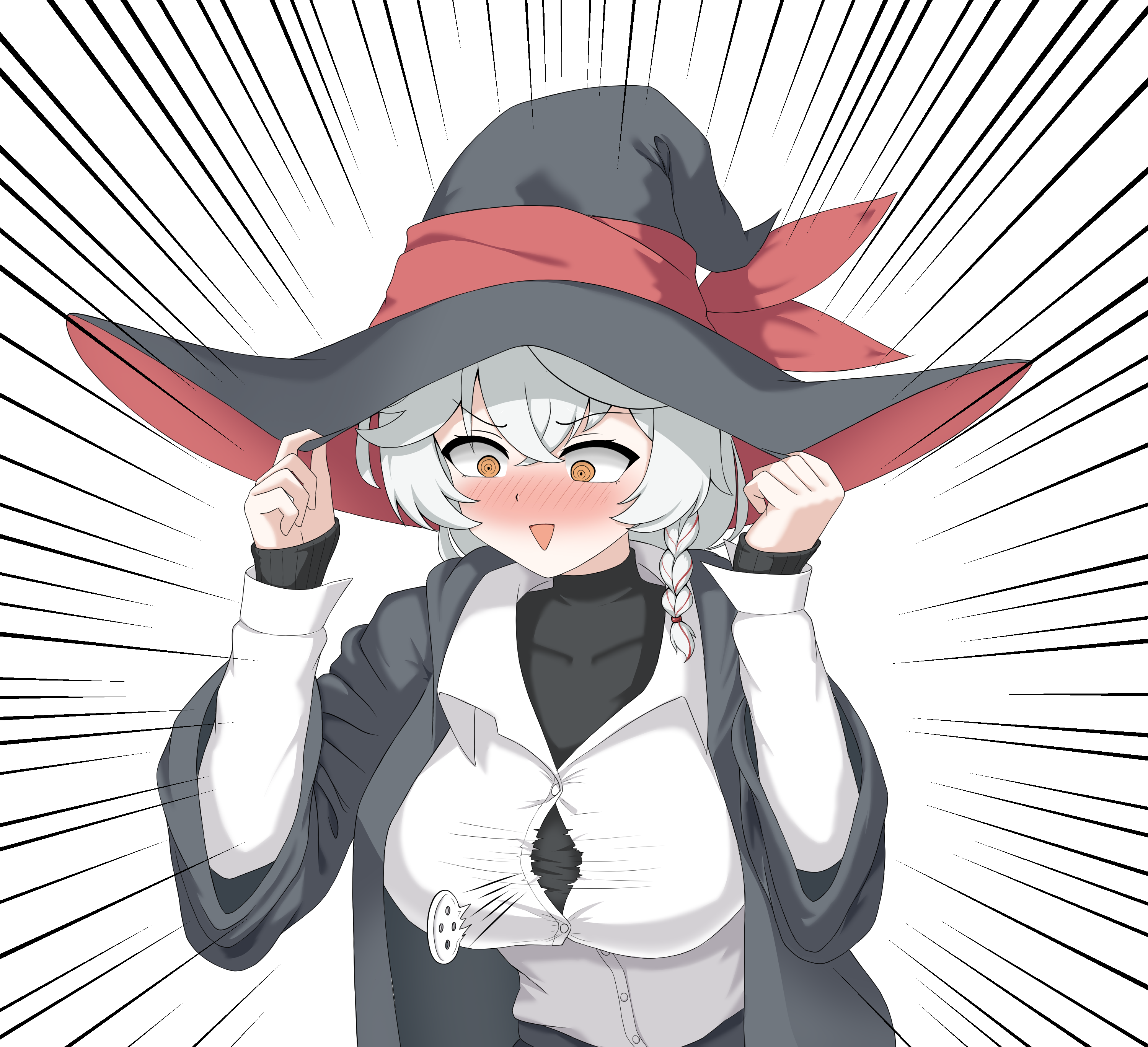 eri (blue archive), blue archive, blush, bow, bowtie, braid, halo, hat, holding headgear, jacket, l&p, long coat, long hair, orange eyes, popped button, shirt, skirt, sleeves past wrists, sweater, white hair, witch hat, worried