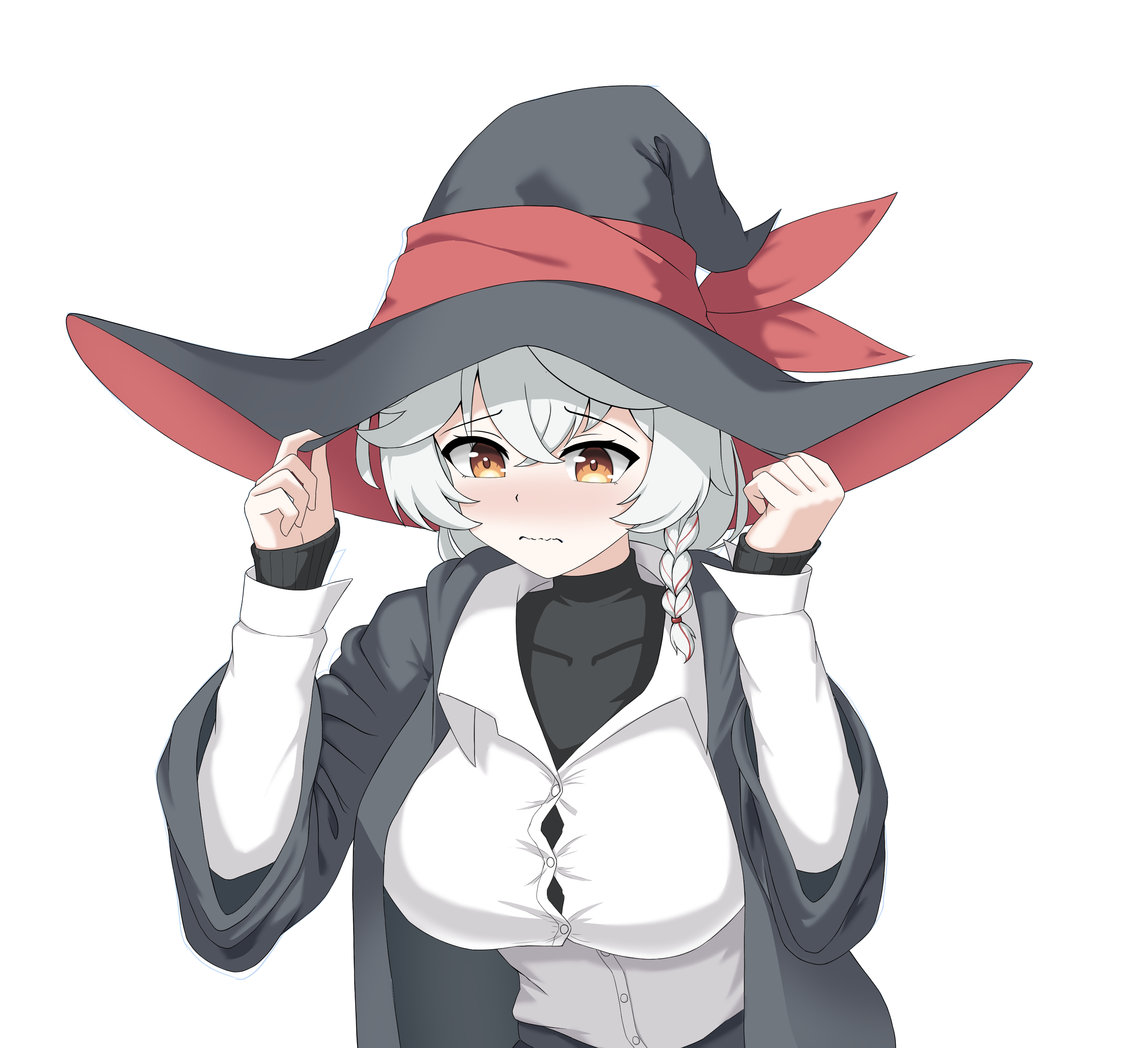 eri (blue archive), blue archive, blush, bow, bowtie, braid, halo, hat, holding headgear, jacket, l&p, long coat, long hair, orange eyes, shirt, skirt, sleeves past wrists, sweater, white hair, witch hat, worried