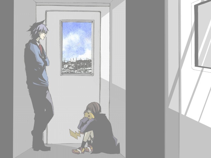 taoru (t kiji), may (pokemon), pikachu, steven stone, nintendo, pokemon, pokemon adventures, pokemon rse, 00s, 1boy, 1girl, against wall, brown hair, city, closed eyes, gen 1 pokemon, no headwear, pokemon (creature), sitting, standing, window