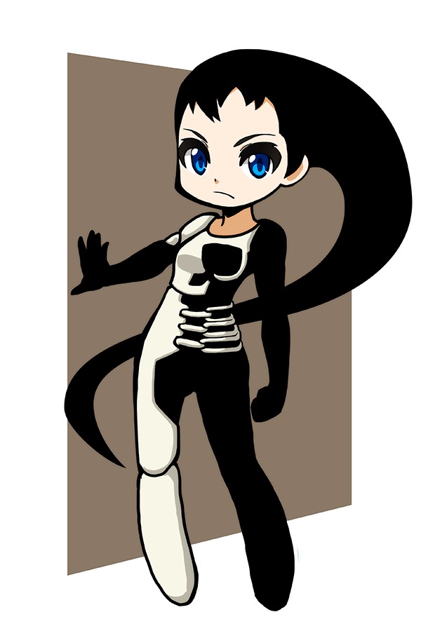 yososhi, azel (panzer dragoon), panzer dragoon, panzer dragoon saga, 1girl, asymmetrical clothes, black hair, black pantyhose, closed mouth, full body, long hair, long sleeves, looking at viewer, pants, pantyhose, single pantsleg, solo, standing, very long hair, white pants