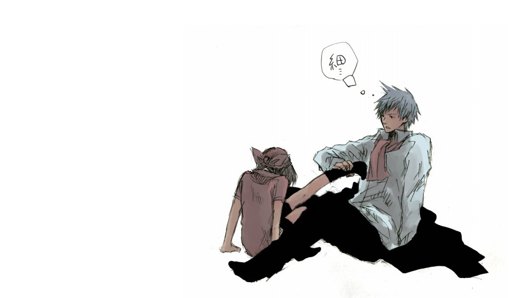 taoru (t kiji), may (pokemon), steven stone, nintendo, pokemon, pokemon rse, silver hair, translated, 00s, 1boy, 1girl, bandana, brown hair, feet, simple background, sitting, socks, speech bubble, thought bubble, white background