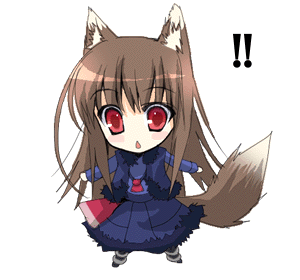 chimaro, holo, spice and wolf, animated, animated gif, lowres, 00s, 1girl, animal ears, brown hair, chibi, fang, female focus, heart, long hair, red eyes, solo, tail, tail wagging, wolf ears, wolf tail