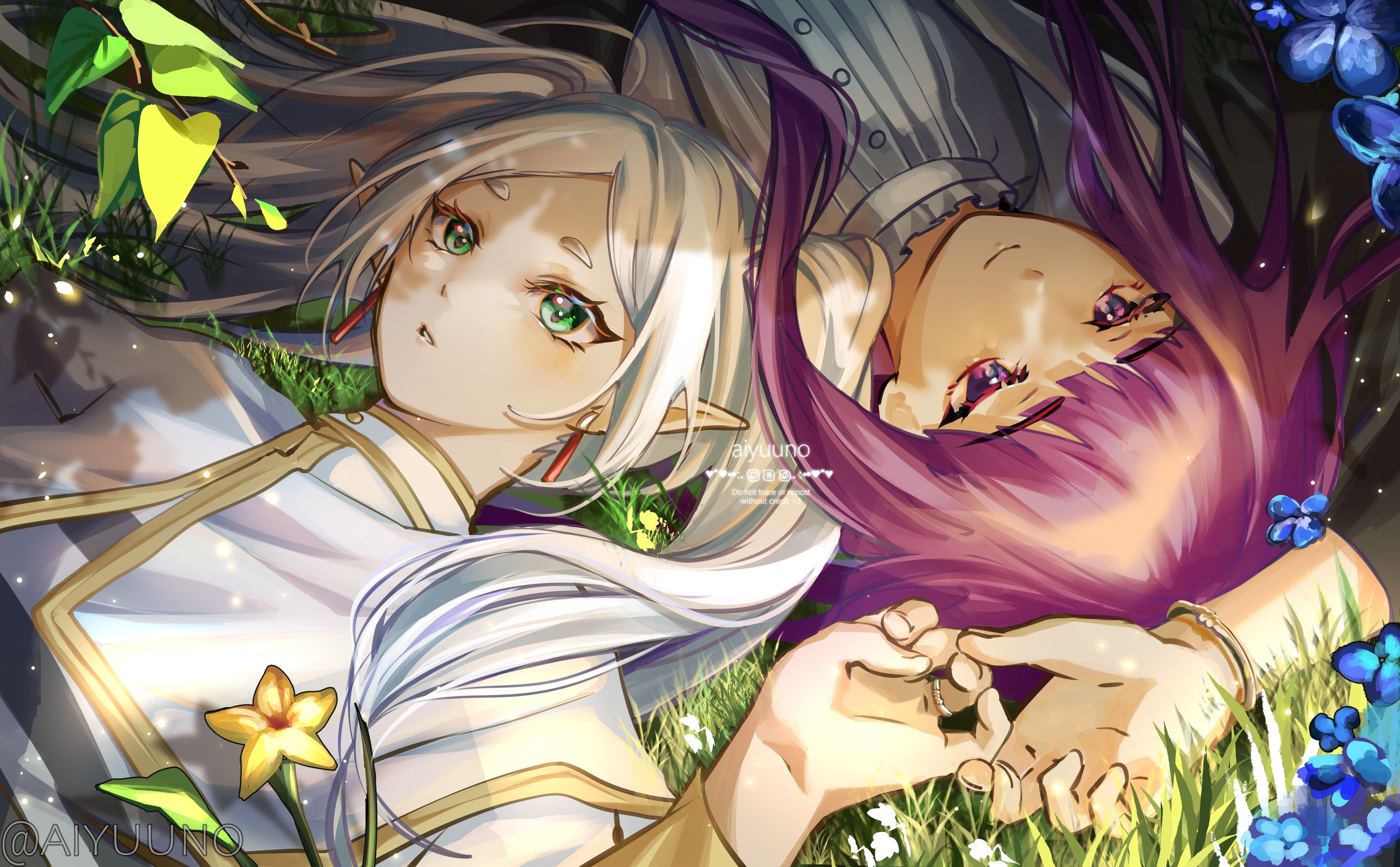 aisaka yunoha (artist), fern (sousou no frieren), frieren, sousou no frieren, absurdres, commentary, english commentary, highres, 2girls, artist name, black jacket, blue flower, bracelet, capelet, closed mouth, collared shirt, earrings, elf, eyelashes, flower, frilled shirt collar, frills, gold trim, grass, green eyes, grey hair, grey shirt, jacket, jewelry, light smile, long hair, long sleeves, lying, multiple girls, on back, on ground, outdoors, parted lips, pointy ears, purple eyes, purple hair, ring, shirt, short eyebrows, striped clothes, striped shirt, twintails, white capelet, yellow flower