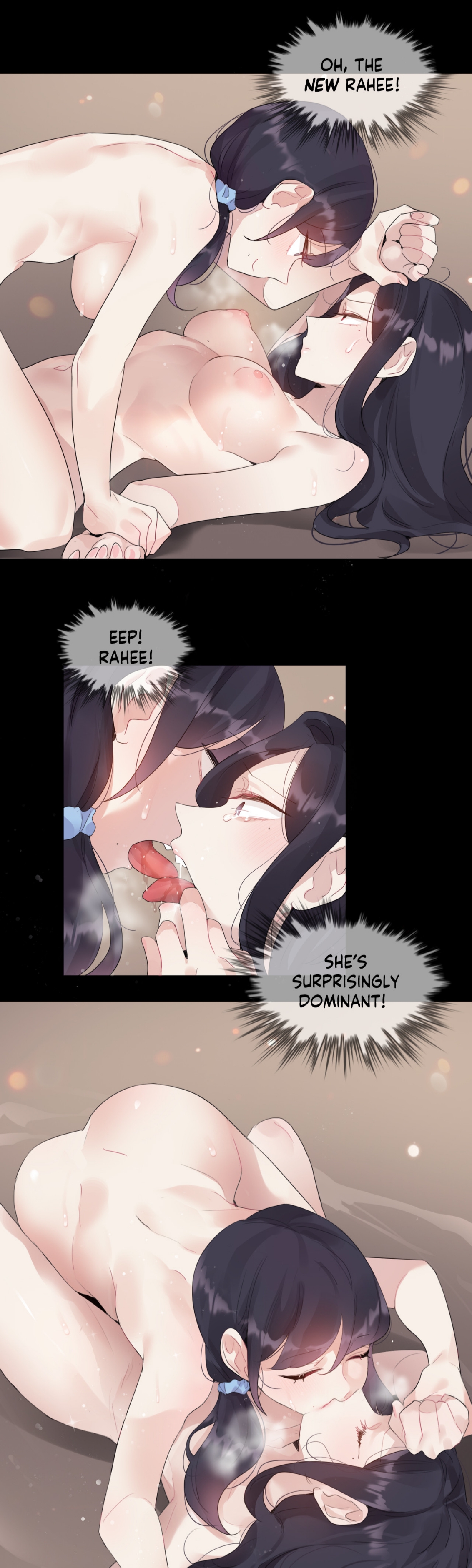 alicecrazy, a pervert's daily life, absurdres, character request, cropped, highres, long image, translated, 2girls, ass, bare shoulders, black eyes, black hair, blush, breasts, closed eyes, closed mouth, collarbone, english text, female focus, finger to mouth, french kiss, grabbing another's arm, kiss, large breasts, long hair, lying, midriff, mole, mole on breast, mole under eye, mole under mouth, multiple girls, navel, nipples, nude, on back, open mouth, ponytail, saliva, saliva trail, selfcest, stomach, sweat, sweatdrop, tearing up, tears, teeth, tongue, tongue out, upper teeth only, yuri