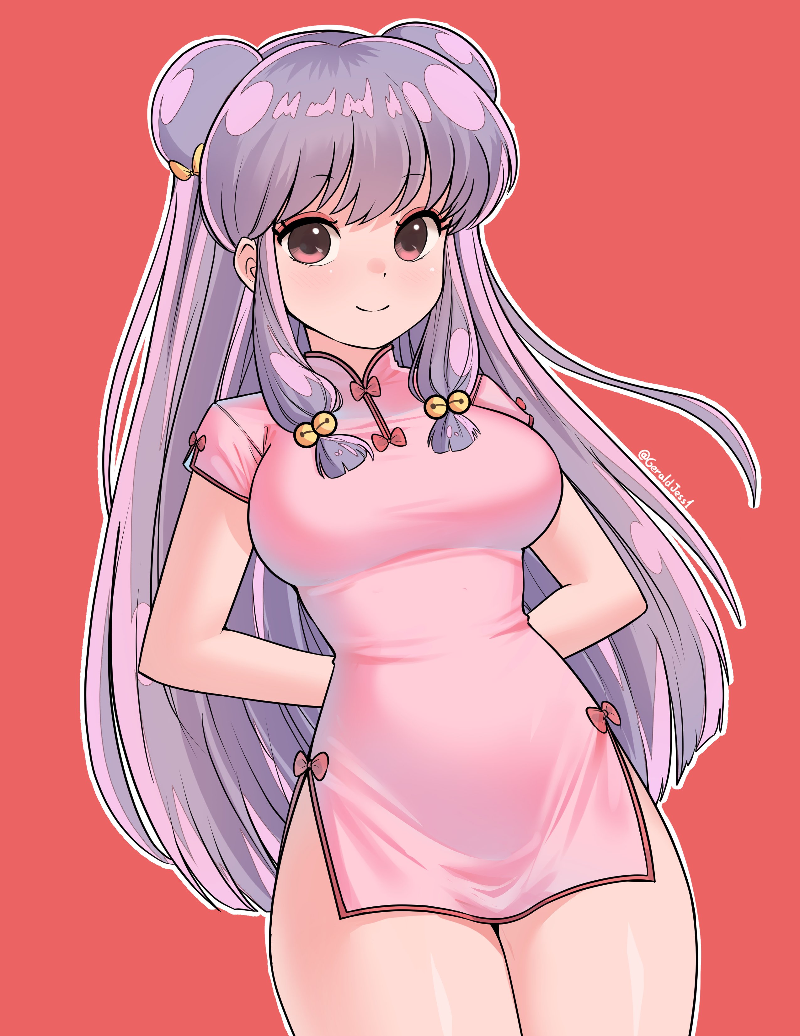 geraldjess1, shampoo (ranma 1/2), ranma 1/2, absurdres, highres, 1girl, breasts, china dress, chinese clothes, double bun, dress, hair bun, large breasts, long hair, looking at viewer, pink eyes, purple hair, red background, simple background, smile, solo