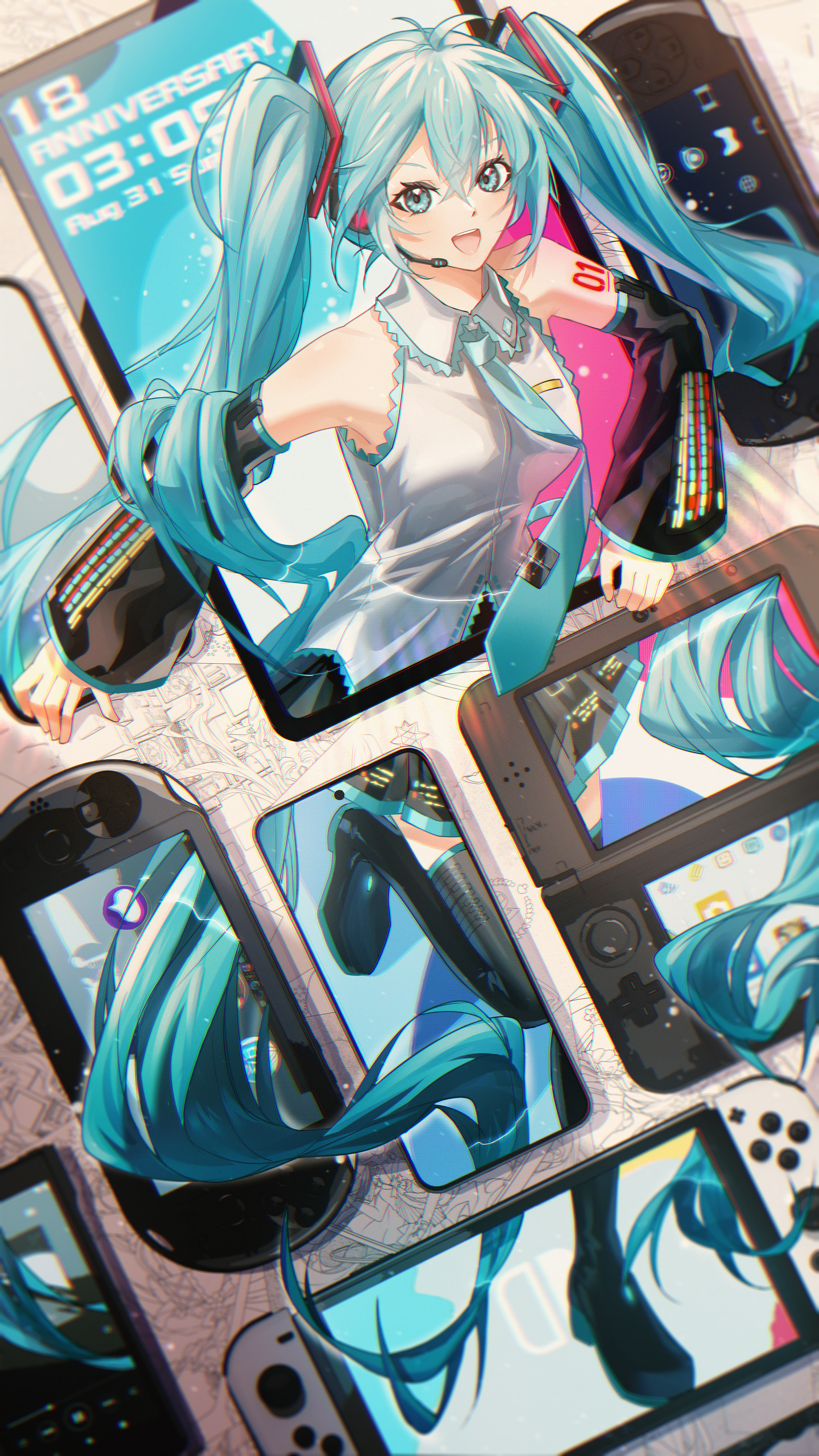 redpower, hatsune miku, vocaloid, absurdres, gesture request, highres, 1girl, :d, absurdly long hair, aqua bow, aqua bowtie, aqua eyes, aqua hair, bare shoulders, black dress, black sleeves, black thighhighs, bow, bowtie, breasts, clock, detached sleeves, digital clock, dress, full body, gameplay mechanics, high collar, long hair, looking at viewer, medium breasts, microphone, number tattoo, open mouth, painting (object), pleated skirt, shirt, skirt, smile, solo, tablet pc, tattoo, teeth, thighhighs, through medium, through screen, upper teeth only, very long hair, white shirt