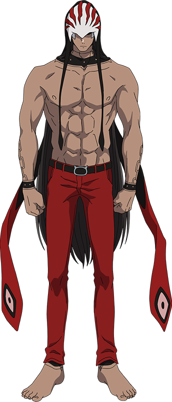 tanino miho, tower of god, official art, 1boy, abs, anime coloring, arm tattoo, barefoot, belt, black belt, black hair, clenched hands, closed mouth, covered eyes, full body, helmet, large pectorals, long hair, long sidelocks, looking at viewer, male focus, muscular, muscular male, neck tattoo, pants, pectorals, red pants, sidelocks, simple background, solo, standing, tachi-e, tattoo, topless male, transparent background, varagarv (tower of god), very long hair, very long sidelocks, white helmet