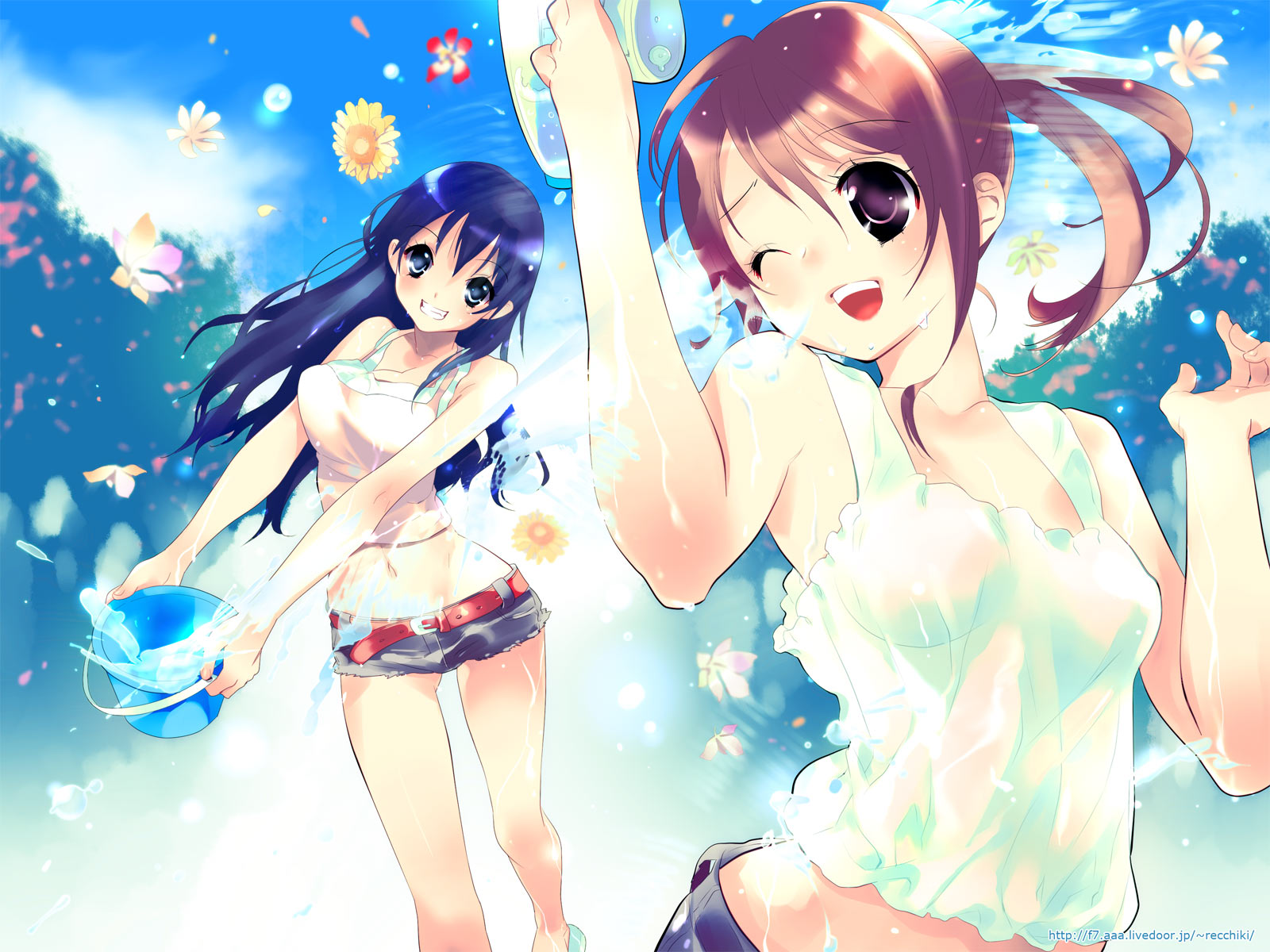 888, original, highres, blue eyes, blue hair, brown hair, cutoffs, denim, denim shorts, flower, long hair, ponytail, see-through clothes, shorts, tank top, water, wet