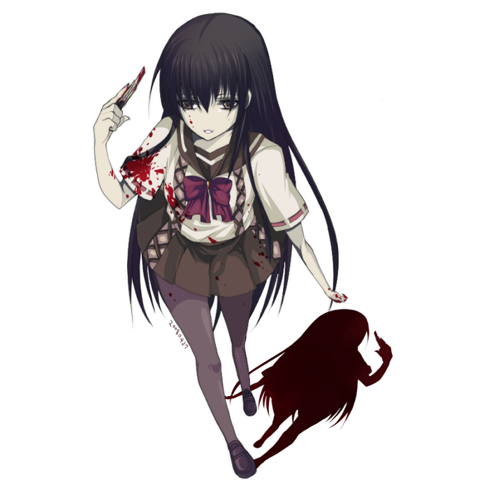 harano, bad id, bad pixiv id, copyright request, 1girl, black hair, blood, boxcutter, brown eyes, female focus, full body, knife, loafers, long hair, pantyhose, school uniform, serafuku, shadow, shoes, simple background, skirt, solo, standing