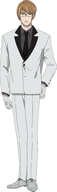 tanino miho, tower of god, official art, 1boy, anime coloring, black necktie, brown eyes, brown hair, clenched hands, closed mouth, collared shirt, dress shoes, formal clothes, full body, glasses, gloves, grey shirt, hand on own hip, jacket, looking at viewer, multicolored jacket, necktie, pants, poe bidau gustang (tower of god), rectangular eyewear, shirt, shoes, short hair, simple background, smile, solo, standing, suit, suit jacket, tachi-e, transparent background, two-tone jacket, white gloves, white jacket, white pants, white shoes, white suit