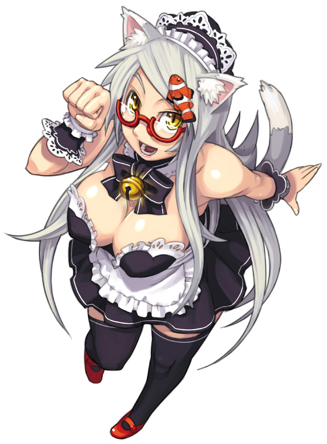 maruta kentarou, hanekawa tsubasa, bakemonogatari, monogatari (series), original, 00s, 1girl, animal ear fluff, animal ears, apron, bare shoulders, bell, black thighhighs, breasts, cat ears, cat tail, cleavage, clownfish, detached collar, female focus, fish, full body, glasses, grey hair, hair ornament, large breasts, long hair, maid, maid apron, maid headdress, open mouth, red-framed eyewear, simple background, solo, swept bangs, tail, thighhighs, tropical fish, white background, wrist cuffs, yellow eyes