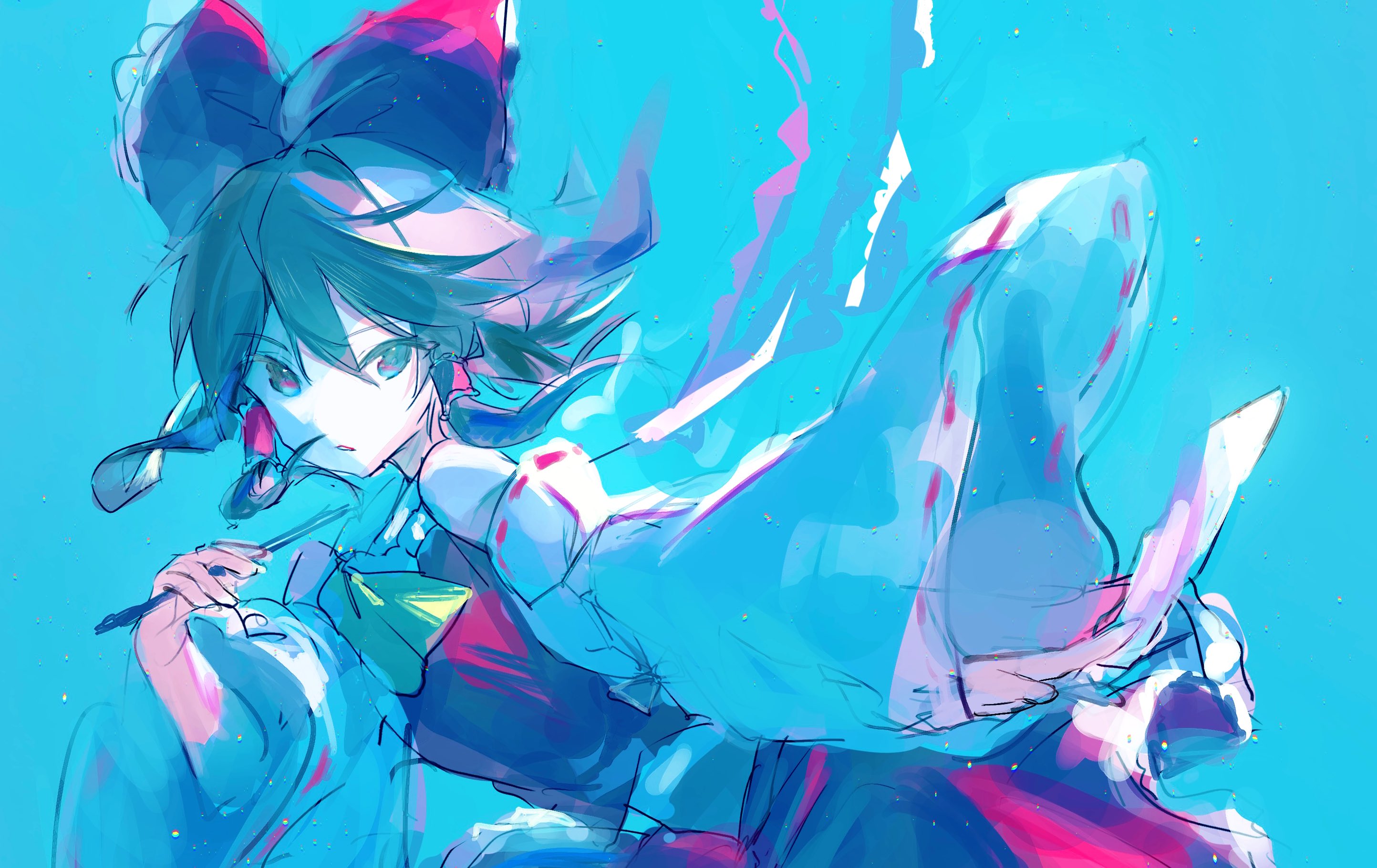 circle yomado, hakurei reimu, touhou, highres, 1girl, ascot, bare shoulders, between fingers, blue background, blue theme, bow, brown eyes, brown hair, circle skirt, collared vest, cowboy shot, detached sleeves, expressionless, floating clothes, floating hair, frilled bow, frilled hair tubes, frilled vest, frills, gohei, hair between eyes, hair bow, hair tubes, holding, holding gohei, holding ofuda, large bow, light frown, light particles, long sleeves, looking to the side, miniskirt, ofuda, parted lips, pleated skirt, red bow, red skirt, red vest, ribbon-trimmed sleeves, ribbon trim, short hair, simple background, skirt, skirt set, solo, vest, white sleeves, wide sleeves, yellow ascot