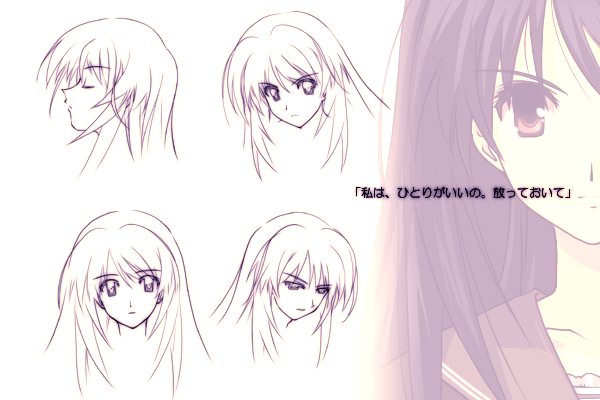 yatsushiro nanaka, myself yourself, concept art, 00s, 1girl, closed eyes, expressionless, female focus, long hair, looking at viewer, monochrome, profile, purple theme, school uniform, simple background, solo, white background