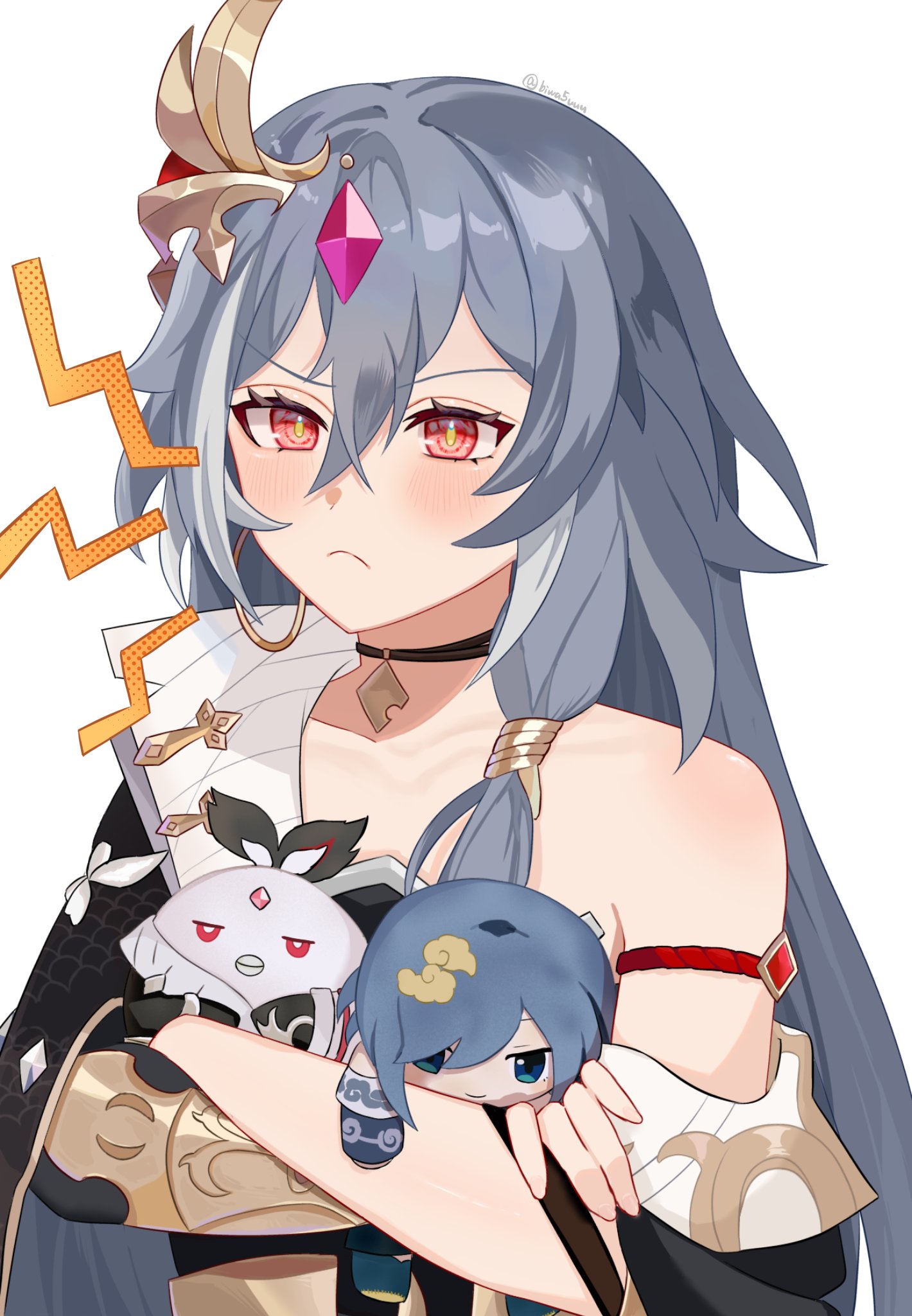fu hua, fu hua (azure empyrea), herrscher of sentience, jingwei (bird), honkai (series), honkai impact 3rd, highres, 1girl, :<, biwa5uuu, black dress, black hair, character doll, china dress, chinese clothes, closed mouth, crossed arms, doll, dress, earrings, hoop earrings, jewelry, long hair, red eyes, simple background, single earring, solo, upper body, very long hair, white background
