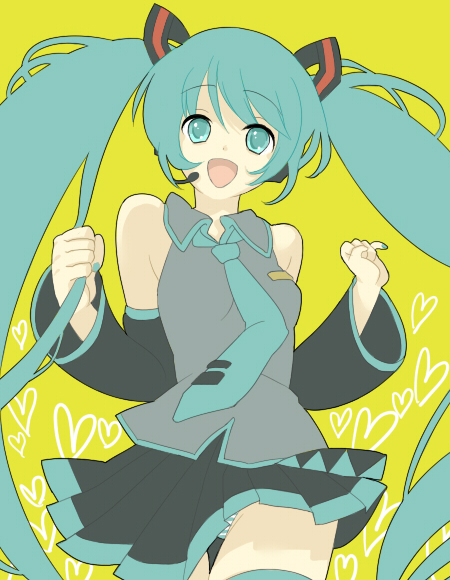 beniko, hatsune miku, vocaloid, striped, bad id, bad pixiv id, green eyes, green hair, long hair, necktie, panties, solo, thighhighs, twintails, underwear, very long hair