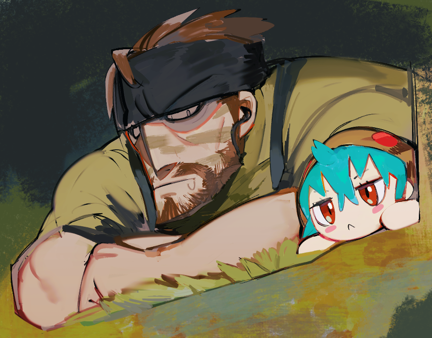 raichiyo, big boss, naked snake, tsuchinoko (kemono friends), kemono friends, metal gear (series), metal gear solid 3: snake eater, 1boy, 1girl, aqua hair, bandana, beard, blush stickers, brown hair, camouflage, crossover, drooling, facial hair, fumo (doll), hair between eyes, headband, hood, hood up, hoodie, lying, on stomach, push-to-talk device, short hair, snake hood, snake print, striped clothes, striped hoodie, tropical camouflage