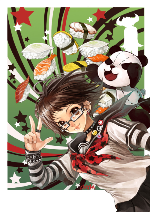 chkuyomi, original, striped, 1girl, brown eyes, brown hair, choker, ear piercing, female focus, food, glasses, piercing, school uniform, serafuku, short hair, solo, stuffed animal, stuffed toy