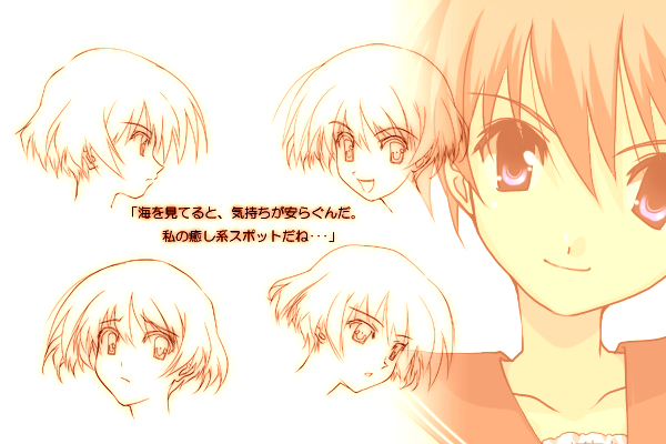wakatsuki shuri, myself yourself, eyebrows, concept art, 00s, 1girl, braid, brown hair, closed mouth, collarbone, looking at viewer, multiple views, profile, red eyes, sailor collar, school uniform, serafuku, single braid, smile, white background
