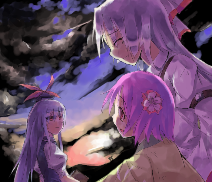 sorano eika, fujiwara no mokou, hieda no akyuu, kamishirasawa keine, perfect memento in strict sense, touhou, 3girls, female focus, heida no akyuu, japanese clothes, kimono, long hair, multiple girls, outdoors, ribbon, sky