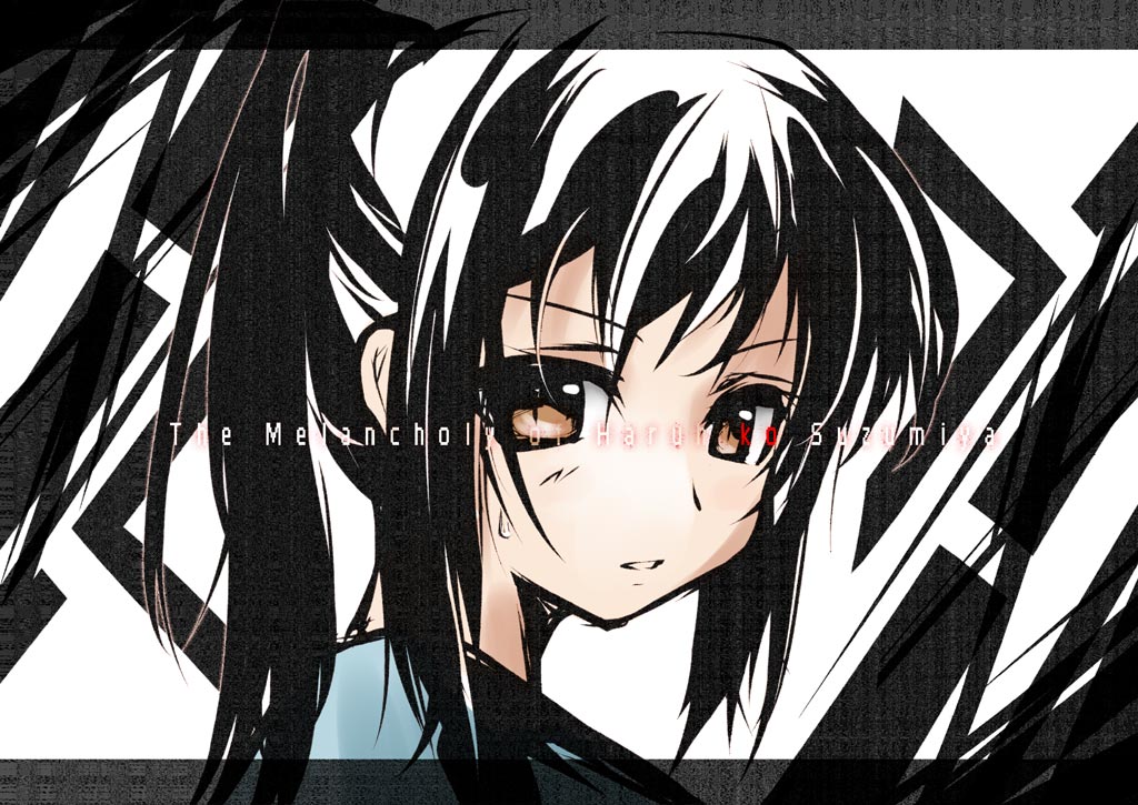 nazo kichi, kyonko, suzumiya haruhi no yuuutsu, gender request, 00s, 1girl, black hair, brown eyes, closed mouth, expressionless, female focus, genderswap, looking at viewer, multicolored hair, ponytail, simple background, solo, two-tone hair, white hair