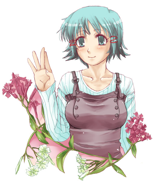 blue (ao maru), yukari, fushimi yukari, routes, striped, 1girl, aqua eyes, aqua hair, female focus, flower, short hair, smile, solo, waving