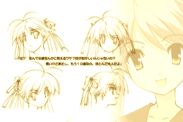 mochida hinako, myself yourself, eyebrows, concept art, 00s, 1girl, antenna hair, blush, looking at viewer, monochrome, multiple views, simple background, upper body, white background, yellow theme