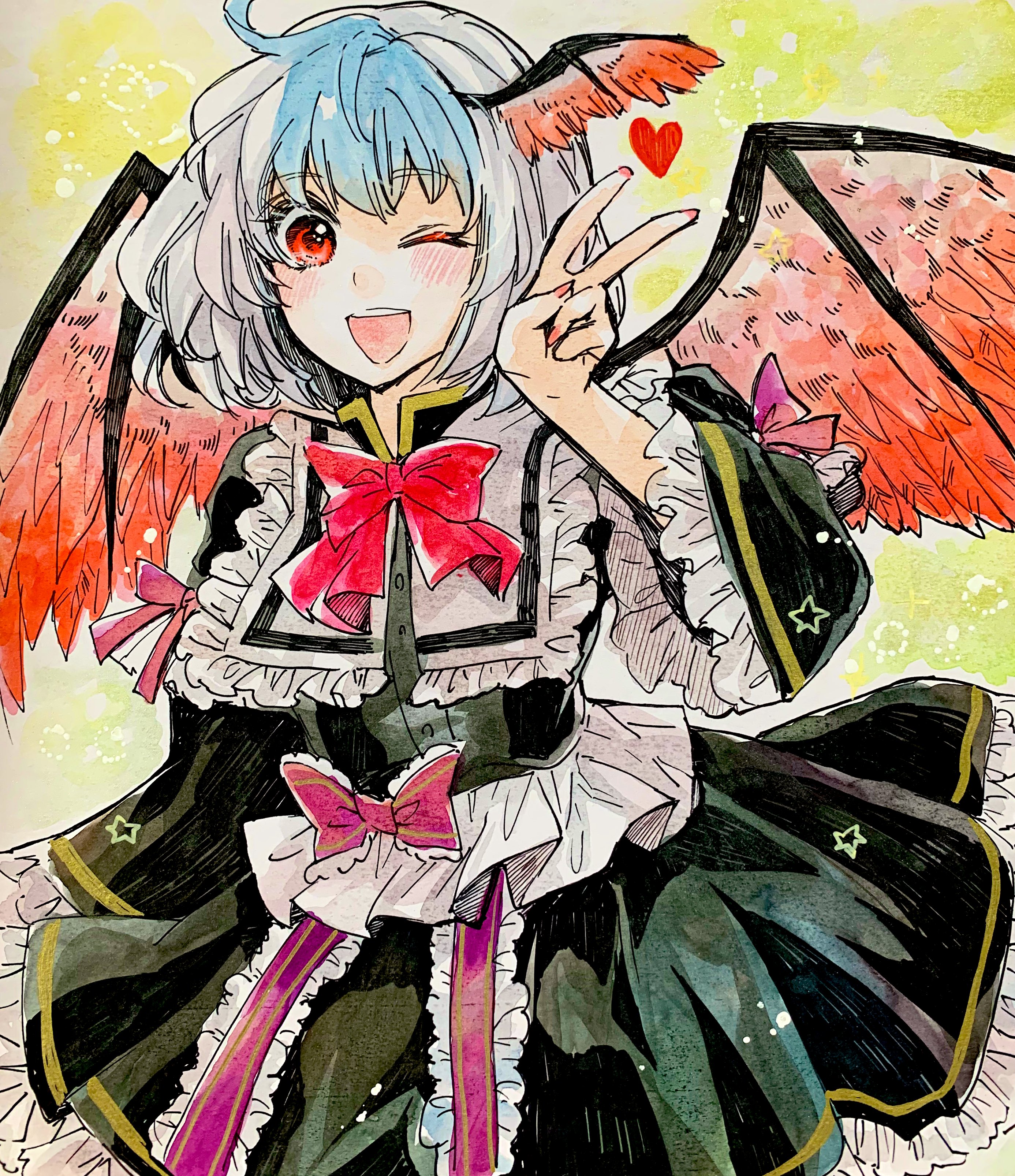 akaioringo2023, remilia scarlet, touhou, absurdres, highres, 1girl, bat wings, black dress, blue hair, breasts, dress, head wings, looking at viewer, medium breasts, one eye closed, open mouth, short sleeves, wide sleeves, wings, yellow background