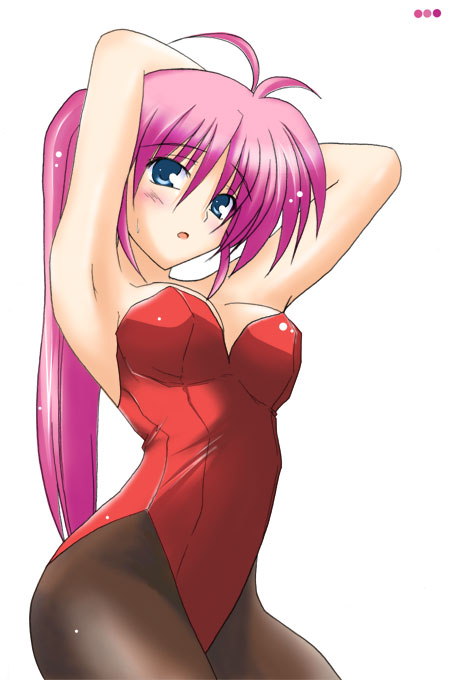 signum, lyrical nanoha, mahou shoujo lyrical nanoha, mahou shoujo lyrical nanoha strikers, 00s, 1girl, :o, antenna hair, armpits, bare shoulders, blue eyes, blush, bodysuit, breasts, brown pantyhose, cowboy shot, female focus, leotard, long hair, looking at viewer, pantyhose, parted lips, playboy bunny, ponytail, red leotard, solo, white background