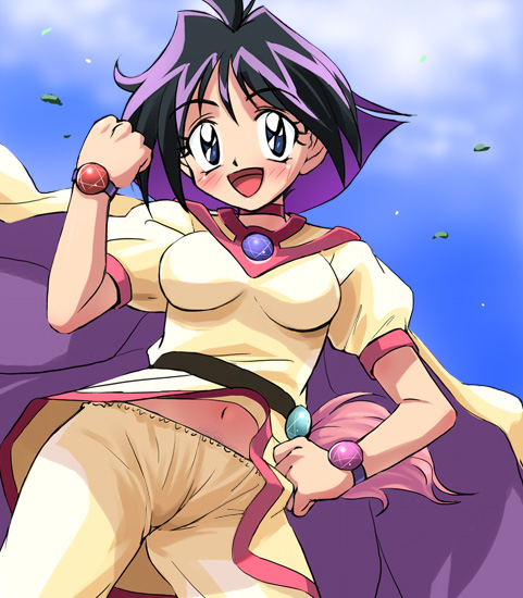 haruyama kazunori, amelia wil tesla seyruun, slayers, 1girl, blue eyes, cameltoe, cape, female focus, midriff, pentacle, purple hair, short hair, solo