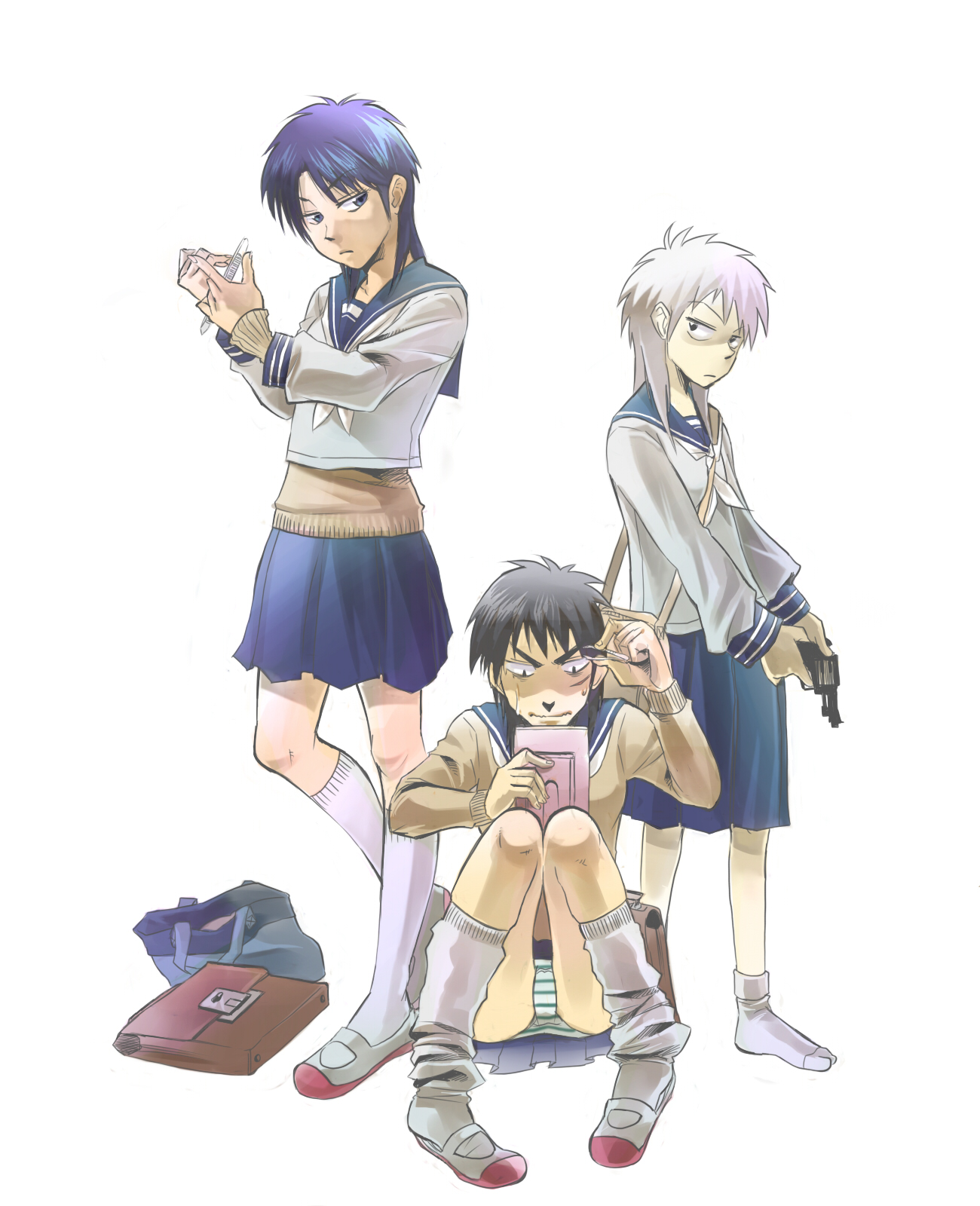 komio (do@ho), akagi shigeru, itou kaiji, akagi, akagi: yami ni oritatta tensai, fukumoto mahjong, kaiji, bad id, bad pixiv id, highres, 3girls, genderswap, genderswap (mtf), gun, handgun, multiple girls, panties, revolver, school uniform, serafuku, striped clothes, striped panties, underwear, weapon