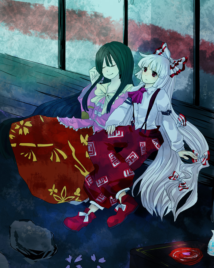 chiri (o9o9), fujiwara no mokou, houraisan kaguya, touhou, silver hair, 2girls, black hair, closed eyes, female focus, long hair, multiple girls, red eyes, ribbon