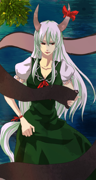 chiri (o9o9), ex-keine, kamishirasawa keine, touhou, silver hair, 1girl, female focus, horn ornament, horn ribbon, horns, long hair, plant, ribbon, scroll, solo, standing, water