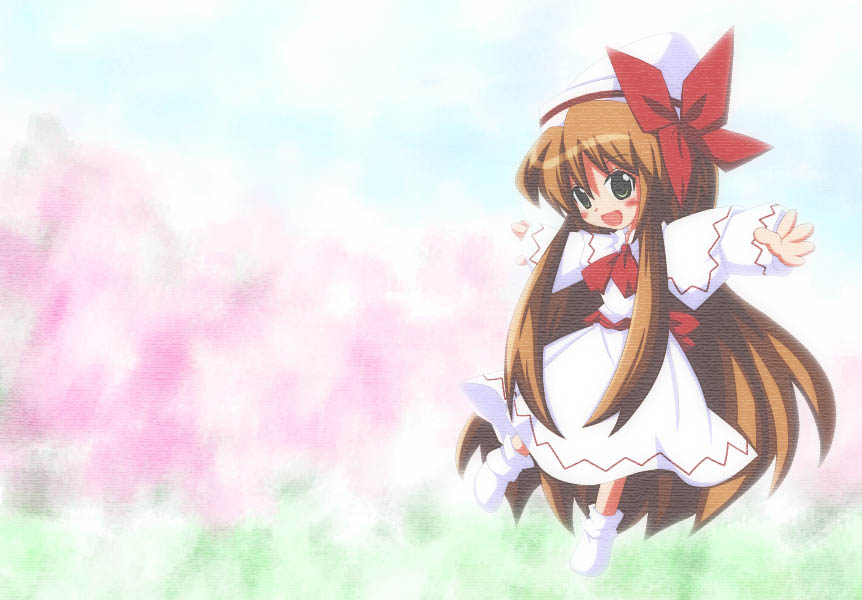r pascal, lily white, touhou, 1girl, :d, belt, blurry, blush, bow, bowtie, brown hair, cherry blossoms, depth of field, dress, female focus, field, green eyes, hair bow, kneehighs, long hair, long sleeves, open mouth, outdoors, outstretched arms, plant, red bow, red bowtie, smile, socks, solo, thighhighs, tree, very long hair, white dress, white socks, zettai ryouiki