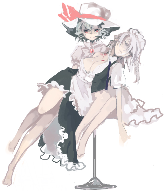 shizumi satou, siskin, izayoi sakuya, remilia scarlet, touhou, silver hair, 2girls, barefoot, bite mark, biting, blood, braid, closed eyes, female focus, hat, multiple girls, neck biting, red eyes, sketch, vampire