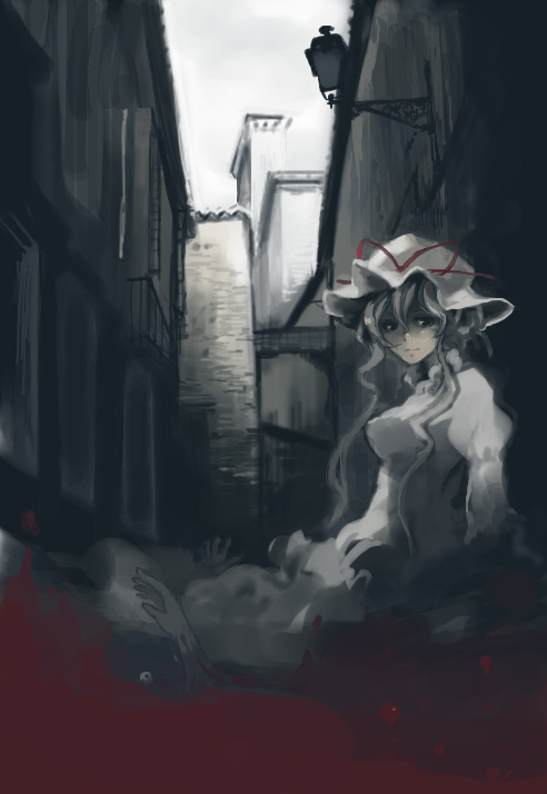 shizumi satou, siskin, yakumo yukari, touhou, 1girl, alley, black eyes, blonde hair, blood, city, dark, female focus, gap (touhou), hair up, hat, long hair, looking at viewer, solo