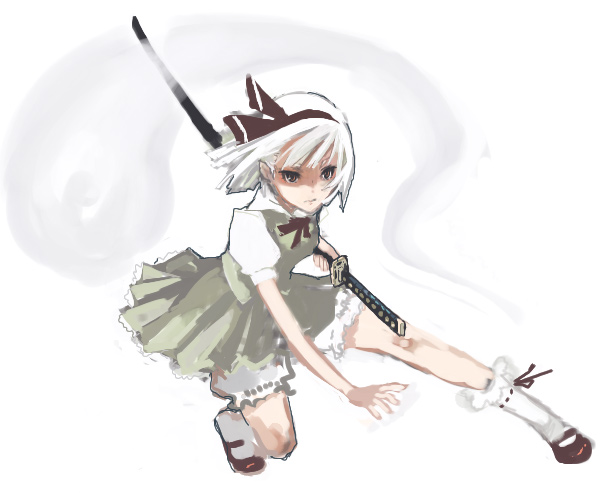 shizumi satou, siskin, konpaku youmu, konpaku youmu (ghost), touhou, 1girl, battoujutsu stance, female focus, fighting stance, hitodama, katana, mary janes, on one knee, outstretched leg, ready to draw, sheath, sheathed, shoes, short hair, sketch, solo, squatting, sword, weapon, white hair