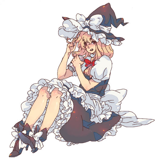 shizumi satou, siskin, kirisame marisa, touhou, 1girl, adjusting hair, blonde hair, blush, bow, brown eyes, can, dress, female focus, hair bow, hat, hat bow, high heels, long hair, petticoat, shoes, solo, witch hat