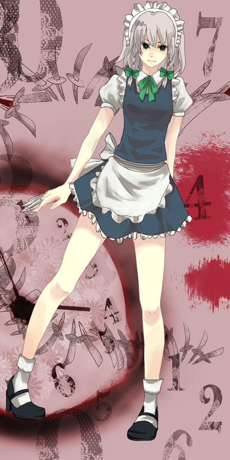 chiri (o9o9), izayoi sakuya, touhou, silver hair, long image, tall image, 1girl, between fingers, braid, female focus, green eyes, holding, knife, legs, ribbon, skirt, solo, throwing knife, weapon
