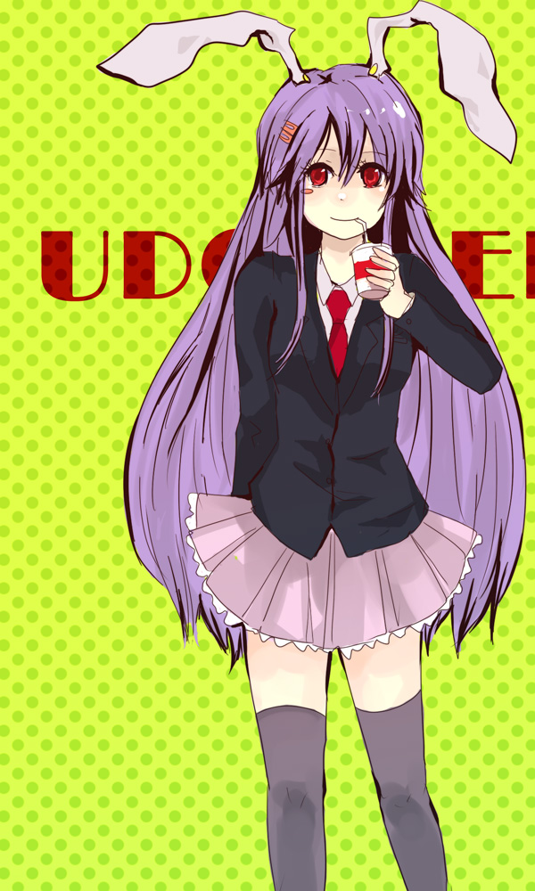 chiri (o9o9), reisen udongein inaba, touhou, light purple hair, 1girl, animal ears, blazer, drink, female focus, frills, hair ornament, hairclip, jacket, long hair, necktie, rabbit ears, red necktie, skirt, solo, thighhighs