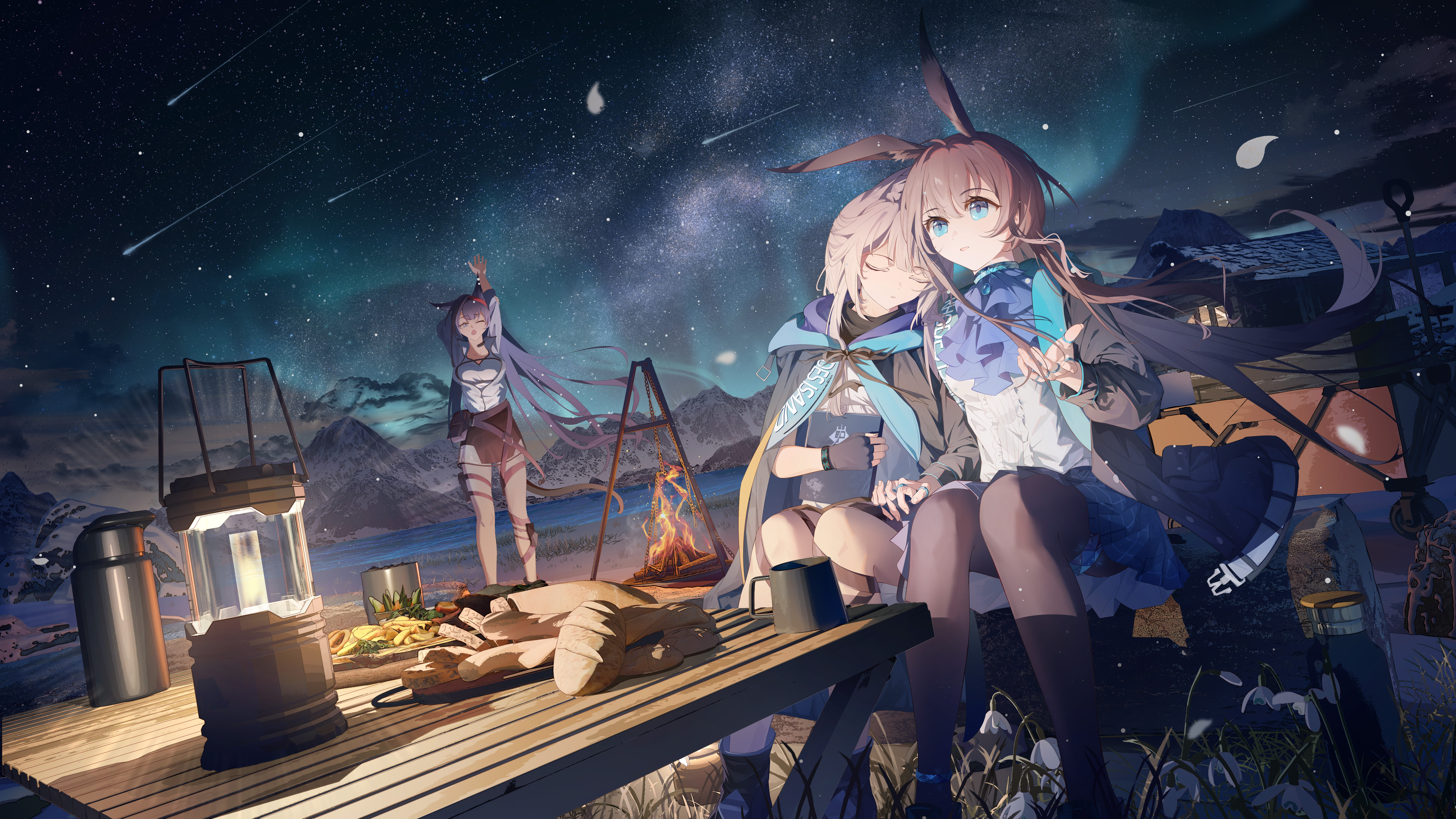 hui mou, amiya (arknights), blaze (arknights), rosmontis (arknights), arknights, absurdres, commentary request, highres, 3girls, animal ear fluff, animal ears, aqua eyes, ascot, aurora, black cape, black coat, black pantyhose, black skirt, blue ascot, book, bread, bread slice, brown hair, campfire, cape, center frills, closed eyes, closed mouth, coat, cup, dutch angle, falling petals, fingernails, fire, floating hair, flower, food, frilled shirt collar, frills, grey flower, grey hair, hand up, holding, holding book, holding hands, interlocked fingers, jacket, jewelry, lake, lantern, leaning on person, loaf of bread, log, long hair, long sleeves, meteor shower, milky way, mountain, mountainous horizon, mug, multiple girls, night, night sky, one eye closed, open clothes, open coat, outdoors, pantyhose, parted lips, petals, plaid clothes, plaid skirt, pleated skirt, purple hair, rabbit ears, ring, scenery, shirt, shooting star, sitting, skirt, sky, sky focus, sleeping, slice of life, standing, star (sky), starry sky, stretching, table, tail, thermos, thigh strap, very long hair, white jacket, white shirt, wooden table