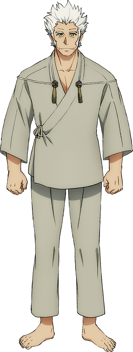 takemoto tatsuki, the new gate, official art, 1boy, anime coloring, barefoot, brown kimono, brown pants, clenched hands, closed mouth, collarbone, full body, girard estrella, green eyes, japanese clothes, kimono, looking at viewer, old, old man, pants, short hair, sideburns, simple background, smile, solo, standing, tachi-e, three-quarter sleeves, transparent background, white hair, wrinkled skin