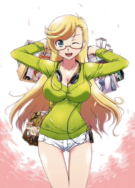 mimura ryou, ryouchin, original, 1girl, between breasts, blonde hair, breasts, cleavage, female focus, glasses, green eyes, green shirt, headphones, headphones around neck, large breasts, long hair, one eye closed, shirt, short shorts, shorts, solo, strap between breasts, sweater, thigh gap, thighs, wink