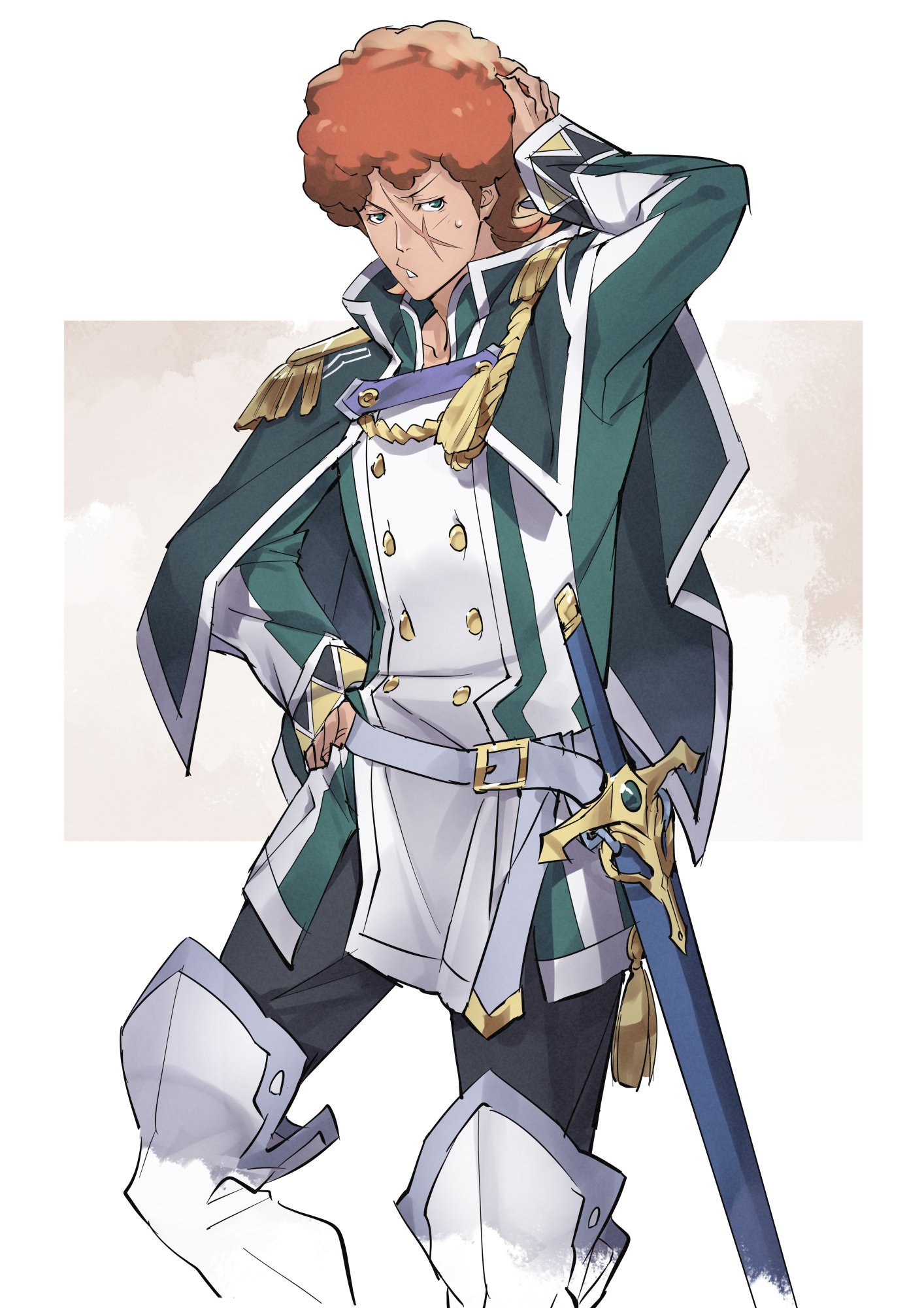 dasshu (dashi now), favaro leone, shingeki no bahamut: genesis, highres, 1boy, curly hair, epaulettes, green eyes, hand on own hip, long hair, long sleeves, looking at viewer, male focus, parted lips, scar, scar on face, short hair, solo, sword, very long hair, weapon, white boors