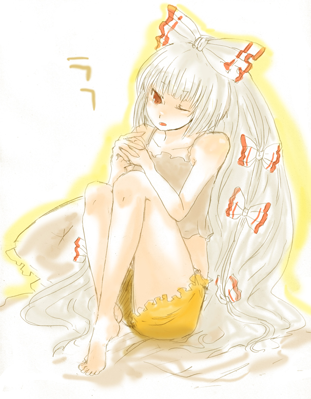 chiri (o9o9), fujiwara no mokou, touhou, silver hair, 1girl, barefoot, casual, feet, female focus, full body, legs, ribbon, shorts, sitting, sketch, solo, tank top, white background, wink