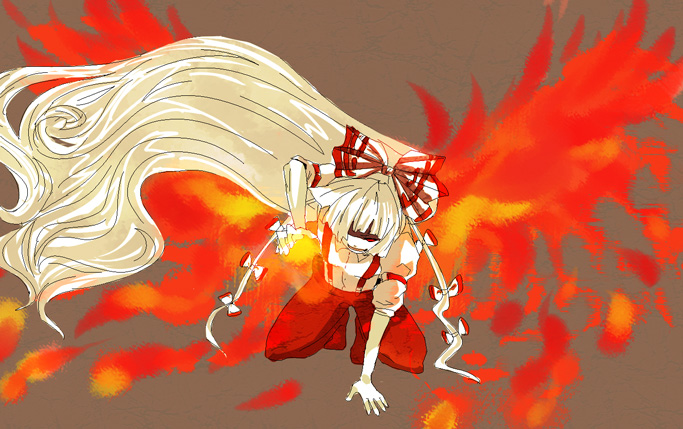 chiri (o9o9), fujiwara no mokou, touhou, 1girl, all fours, female focus, fire, long hair, red eyes, ribbon, solo